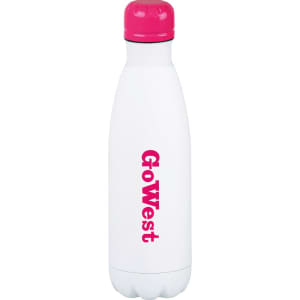 A drink bottle with a white body and a pink lid, featuring a logo. It has a sleek, vacuum-insulated design.