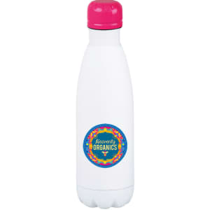 A drink bottle with a white body and a pink lid, featuring a circular logo. Designed for vacuum insulation.