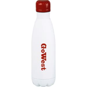A drink bottle in white with a red cap, featuring a logo on the side. It is vacuum insulated and holds 500ml.