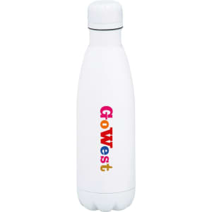A drink bottle in white, featuring a colourful logo, designed for insulation and holding 500ml.