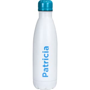 A drink bottle in white with a turquoise lid and a logo, featuring a sleek, insulated design.