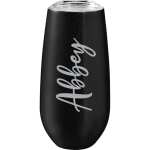 A drink bottle in matte black with a clear lid and a logo. Designed for beverages like champagne or cocktails.