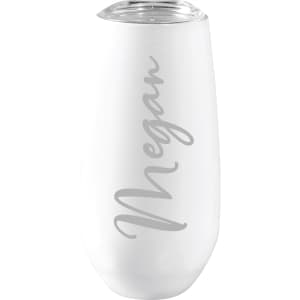 A drink bottle in white with a clear lid, featuring a simple logo and elegant script engraving.