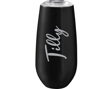 A drink bottle in matte black with a clear lid, featuring a decorative logo.
