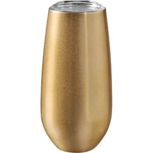 A drink bottle in gold with a sleek design and transparent top, featuring a logo. Suitable for beverages.