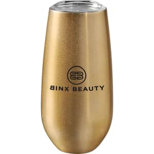 A drink bottle featuring a gold matte finish, with a clear lid and a logo on the front.