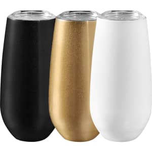 A drink bottle set featuring three vacuum champagne flutes in black, gold, and white, each with a lid and branding.