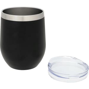 A drink bottle with a black exterior and stainless steel rim, accompanied by a clear lid.