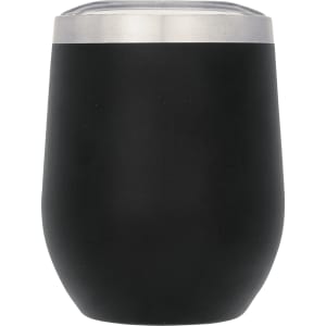 A drink bottle in matte black with a stainless steel rim, featuring a clear lid and a sleek, rounded design.
