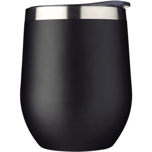 A drink bottle in matte black with a stainless steel rim and a lid, designed for insulated beverage storage.