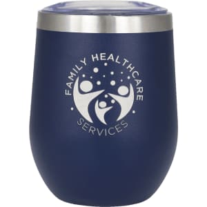 A drink bottle featuring a navy blue insulated design with a silver rim and a logo.