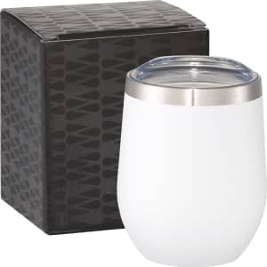 A drink bottle with a white body and stainless steel lid, next to a black patterned box.
