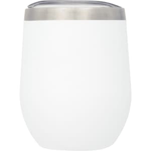 A drink bottle with a white body and a stainless steel lid, featuring a logo. Ideal for travel and insulated.
