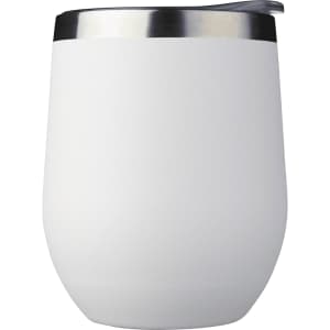 A drink bottle in matte white with a silver stainless steel rim, featuring a lid and no visible branding.