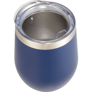 A drink bottle with a navy exterior and silver band, featuring a clear lid and insulated design.