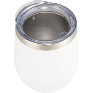A drink bottle in matte white with a stainless steel rim and a clear lid, featuring a logo on the side.