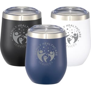 A drink bottle set featuring three insulated cups in black, navy, and white, with a logo on each.