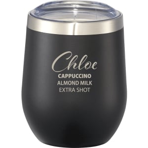 A drink bottle in matte black with a stainless steel rim and a clear lid, featuring a logo.