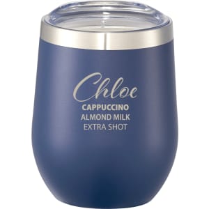 A drink bottle in navy with a stainless steel rim, featuring a logo and a clear lid, designed for insulated beverages.