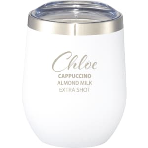 A drink bottle in white with a stainless steel lid, featuring a clear top and a logo. Suitable for travel.