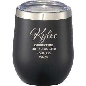 A drink bottle in matte black finish with a stainless steel rim and a clear lid, featuring a logo.
