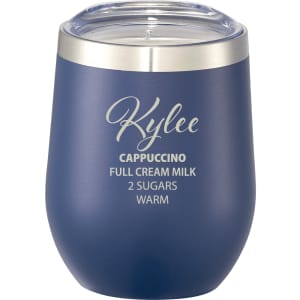 A drink bottle in navy blue with a clear lid and metallic rim, featuring a logo on the side.