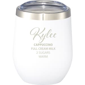 A drink bottle featuring a white body with a stainless steel rim and a clear lid, designed for hot beverages.