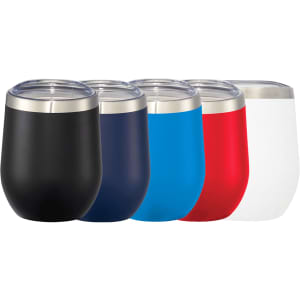 A drink bottle featuring five vacuum insulated cups in black, navy, blue, red, and white, each with a transparent lid.