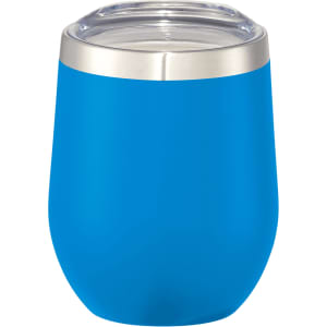 A drink bottle in vibrant blue with a stainless steel rim and clear lid, designed for insulated beverages.