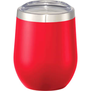 A drink bottle in vibrant red with a stainless steel rim and clear lid, designed for insulated beverages.