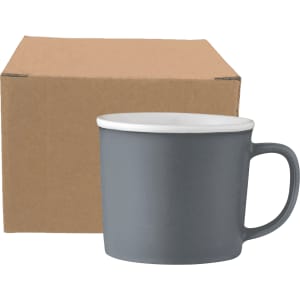 A grey ceramic mug with a white rim next to a plain cardboard box. The mug is 350ml in size and features a logo.