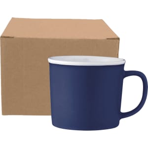 A ceramic mug in navy blue with a white rim, positioned next to a plain cardboard box.