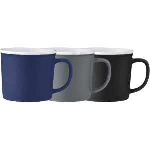 A set of three ceramic mugs in navy, grey, and black, each featuring a handle and a white interior.