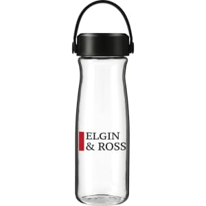 A drink bottle in clear plastic with a black lid and carrying handle, featuring a logo.