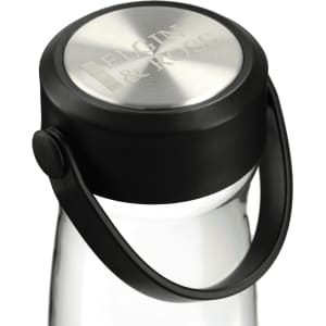 A drink bottle with a clear body, black lid, and a handle. It features a metal accent on the cap.