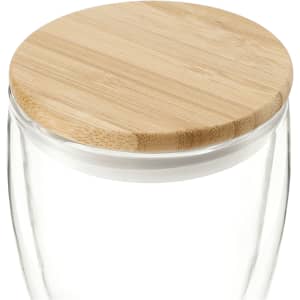 A drink cup featuring clear glass with a natural bamboo lid, designed for beverages. It has a simple, modern look.