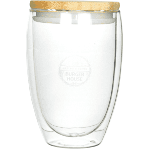 A drink bottle featuring a clear glass body and a bamboo lid, with a logo visible on the surface.