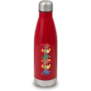 A drink bottle made of red stainless steel with a silver cap and a logo on the front.