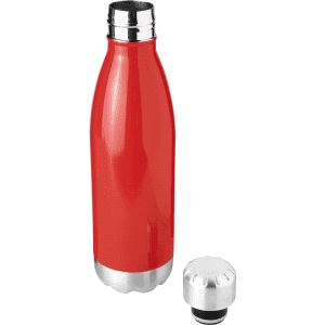A drink bottle in bright red stainless steel with a silver base and a screw top. It has a logo on the side.