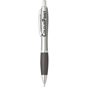 A silver and black plastic pen featuring a branding logo on the barrel.