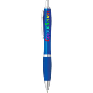 A blue plastic pen featuring silver accents and a logo. The pen has a comfortable grip and a sleek design.
