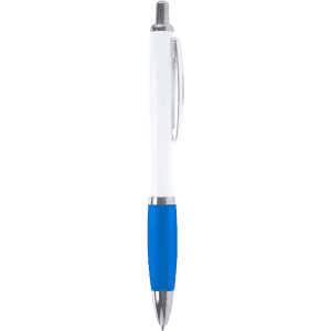 A ballpoint pen with a white barrel and a blue grip, featuring silver accents and a clip.