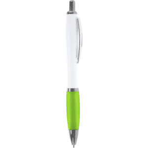 A pen with a white barrel and green grip, featuring a silver clip and trim, includes a logo.