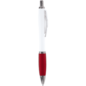 A ballpoint pen with a white barrel and a red grip, featuring a silver clip and tip. It has a logo on the barrel.