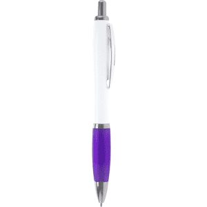 A ballpoint pen with a white barrel and a purple grip, featuring a silver clip and tip. It includes a logo.