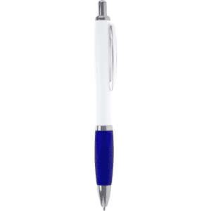 A ballpoint pen with a white barrel and a blue grip, featuring a silver clip and tip.