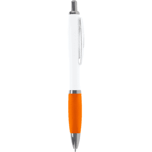 A plastic ballpoint pen with a white barrel and an orange grip, featuring a metal clip and nib.