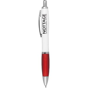 A ballpoint pen with a white barrel and red grip, featuring a logo on the side.
