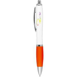 A ballpoint pen with a white barrel and an orange grip, featuring a logo.