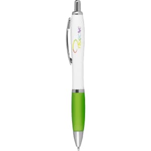 A ballpoint pen with a white barrel and a green grip, featuring a silver clip and branding.